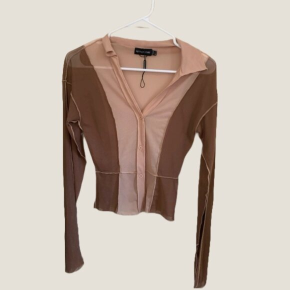 PrettyLittleThing Women's Sheer Brown and Cream Top - Picture 1 of 6